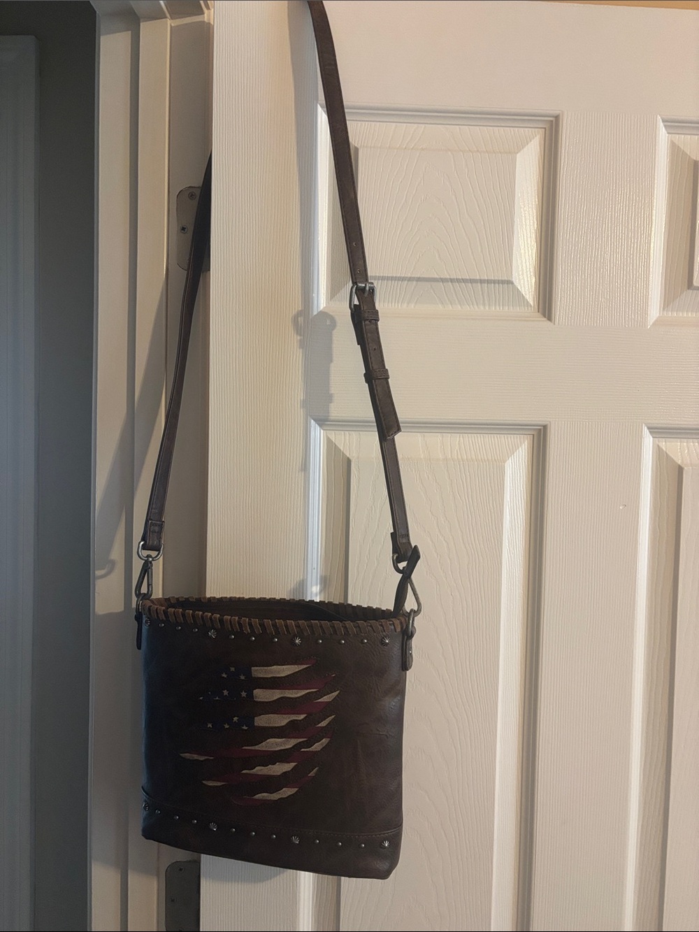 Shyanne Brown Leather Shoulder Bag with Flag Accent